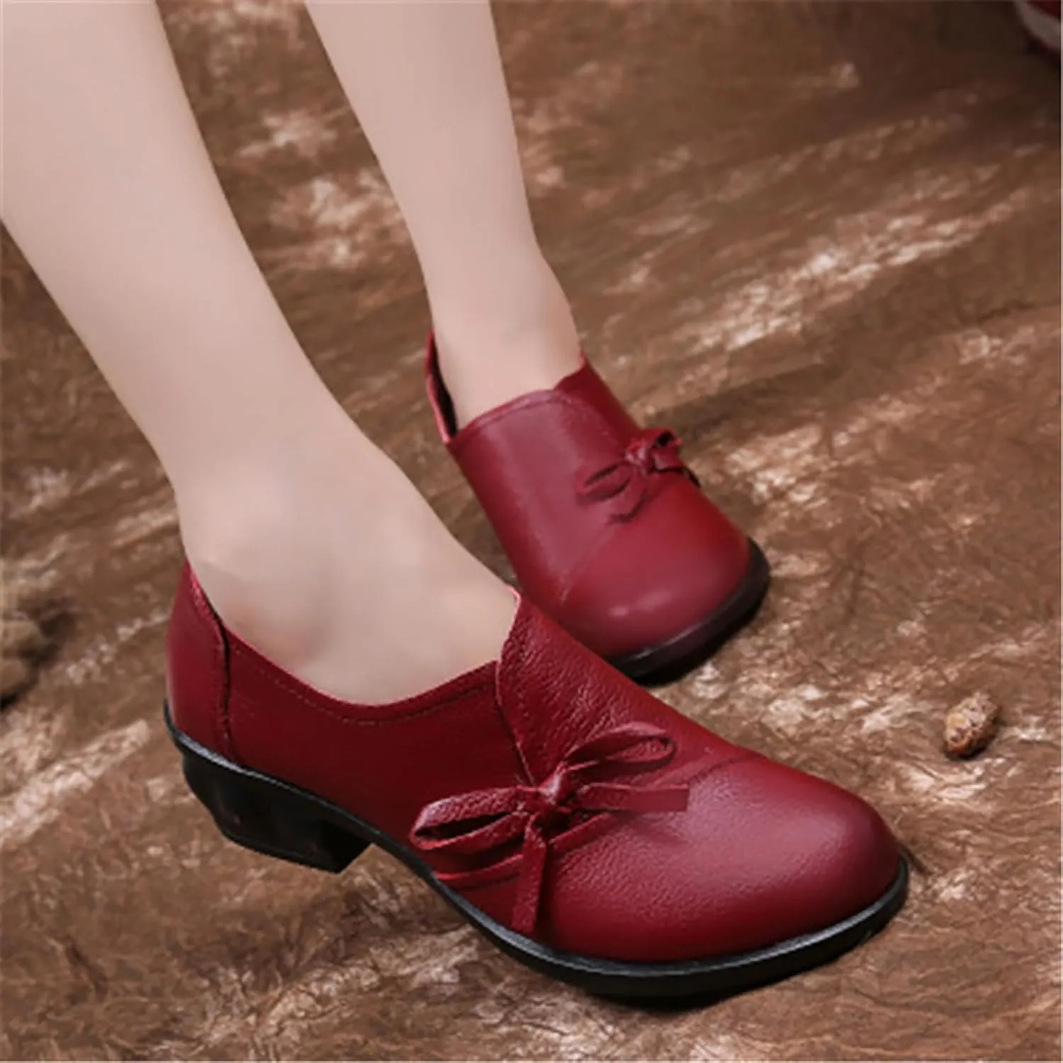 Women's Bow Tie Chunky Heel Leather Pumps,Comfortable SOFE Round Toe Slip-On Loafers Classic Mid Heel Casual Lightweight Walkin Work Office Dress Shoes