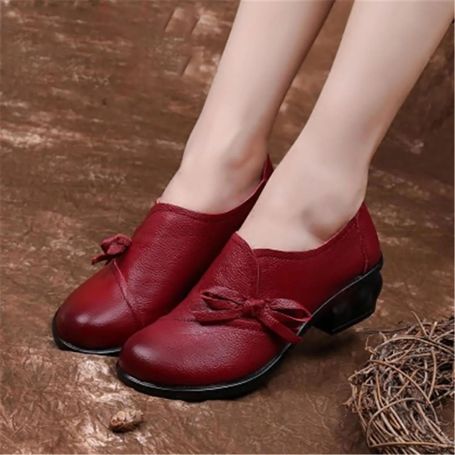 Women's Bow Tie Chunky Heel Leather Pumps,Comfortable SOFE Round Toe Slip-On Loafers Classic Mid Heel Casual Lightweight Walkin Work Office Dress Shoes