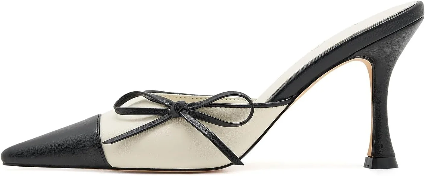 Women's Bow Tie Heeled Mules Kitten Heels Patchwork Vintage Dress Sandals