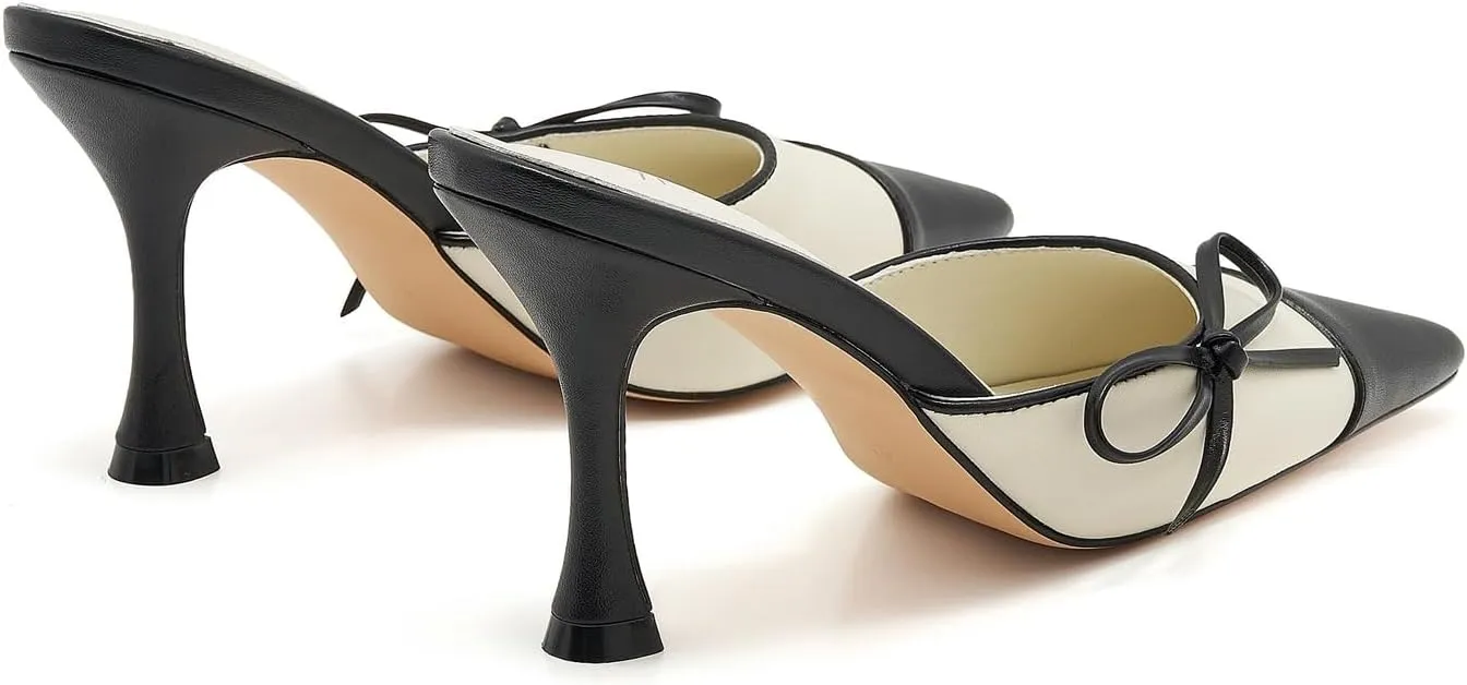 Women's Bow Tie Heeled Mules Kitten Heels Patchwork Vintage Dress Sandals
