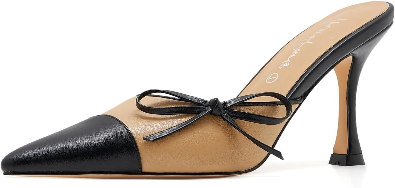 Women's Bow Tie Heeled Mules Kitten Heels Patchwork Vintage Dress Sandals