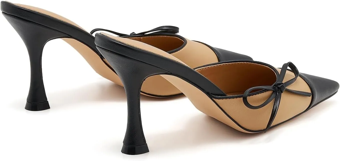 Women's Bow Tie Heeled Mules Kitten Heels Patchwork Vintage Dress Sandals