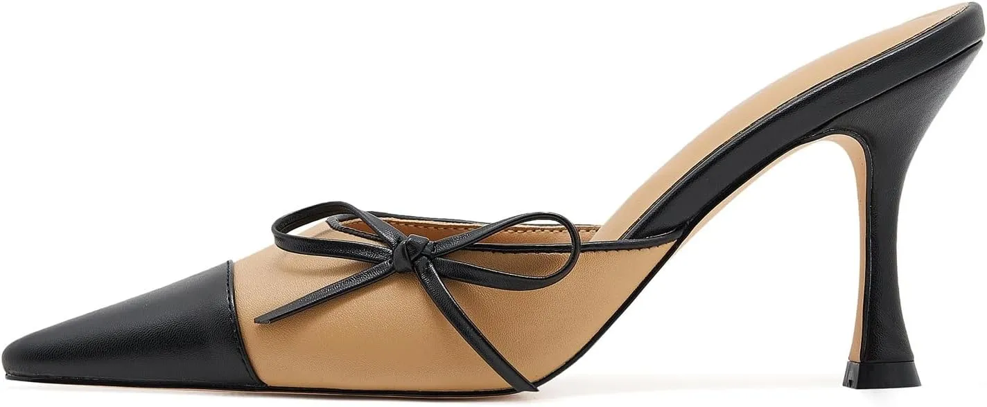 Women's Bow Tie Heeled Mules Kitten Heels Patchwork Vintage Dress Sandals