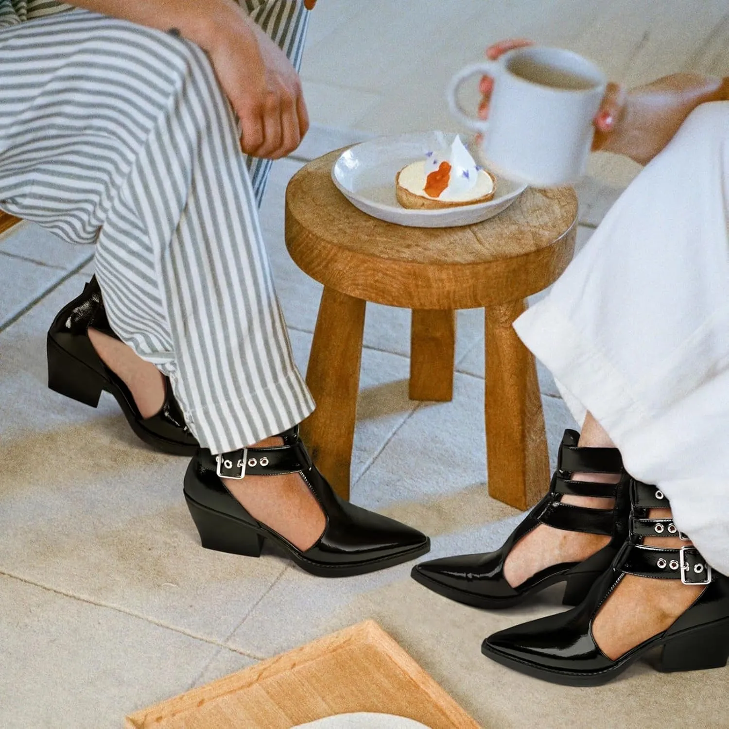 Women's Buckle Strap Ankle Boots Cutout Pointed Toe Chunky Block Heel Sandals with Zipper Dressy Summer