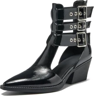 Women's Buckle Strap Ankle Boots Cutout Pointed Toe Chunky Block Heel Sandals with Zipper Dressy Summer