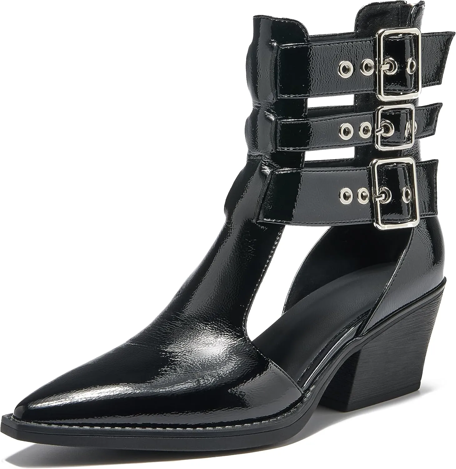 Women's Buckle Strap Ankle Boots Cutout Pointed Toe Chunky Block Heel Sandals with Zipper Dressy Summer