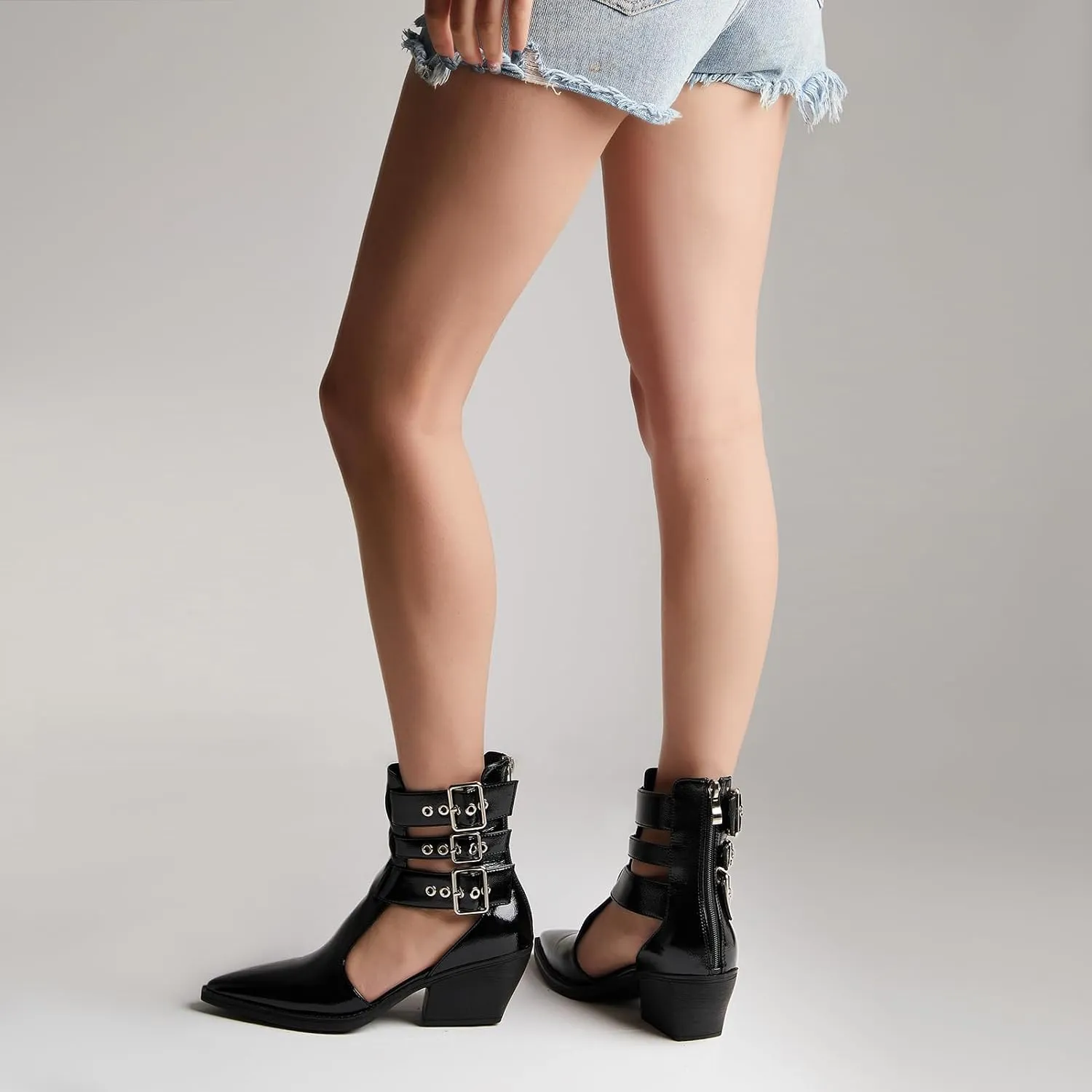 Women's Buckle Strap Ankle Boots Cutout Pointed Toe Chunky Block Heel Sandals with Zipper Dressy Summer