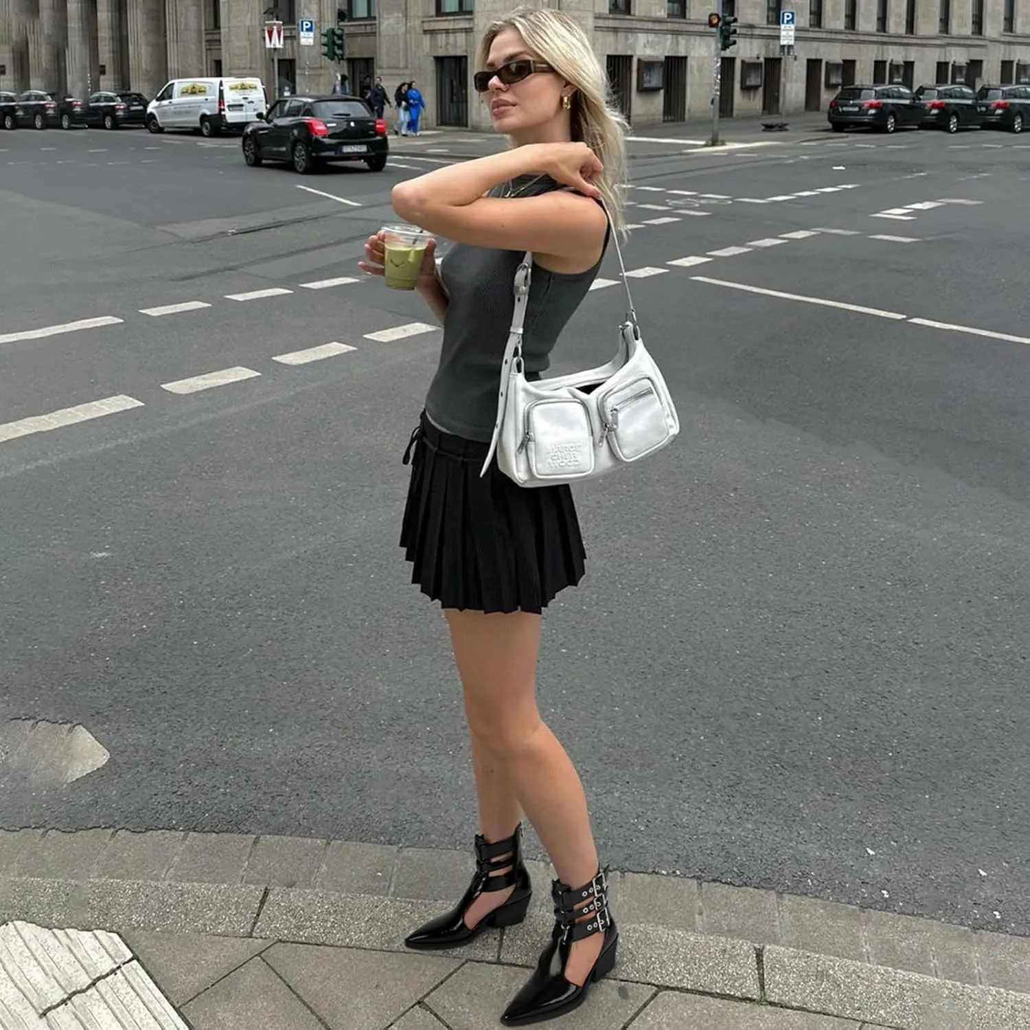 Women's Buckle Strap Ankle Boots Cutout Pointed Toe Chunky Block Heel Sandals with Zipper Dressy Summer
