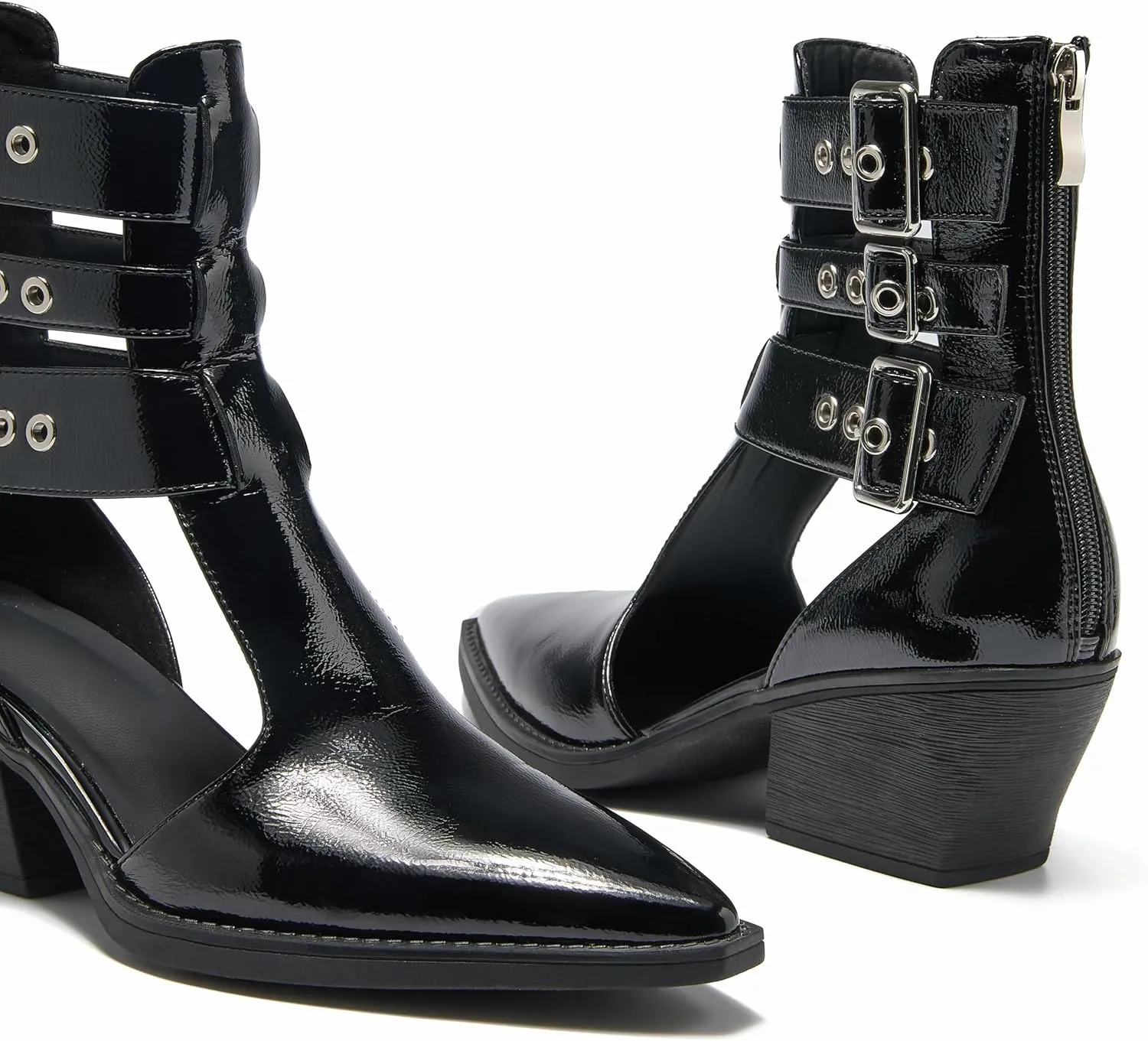 Women's Buckle Strap Ankle Boots Cutout Pointed Toe Chunky Block Heel Sandals with Zipper Dressy Summer