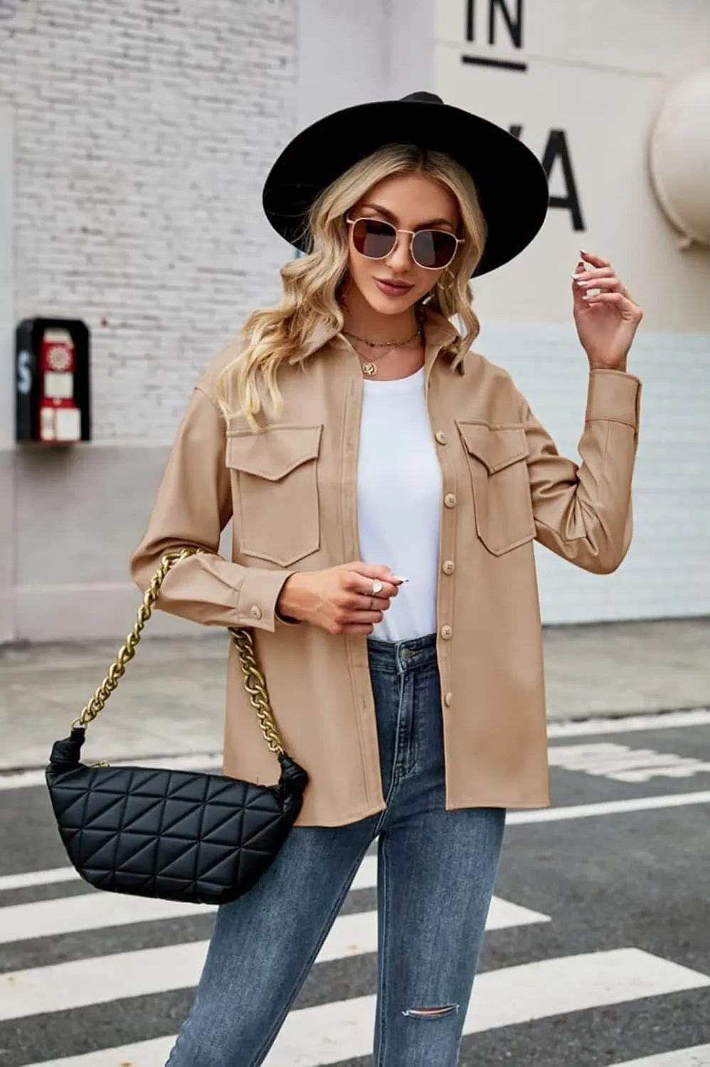 Womens Button Front Faux PU Leather Jacket Shacket Casual Shirt Long Sleeve Blazer Coat with Bust Pocket