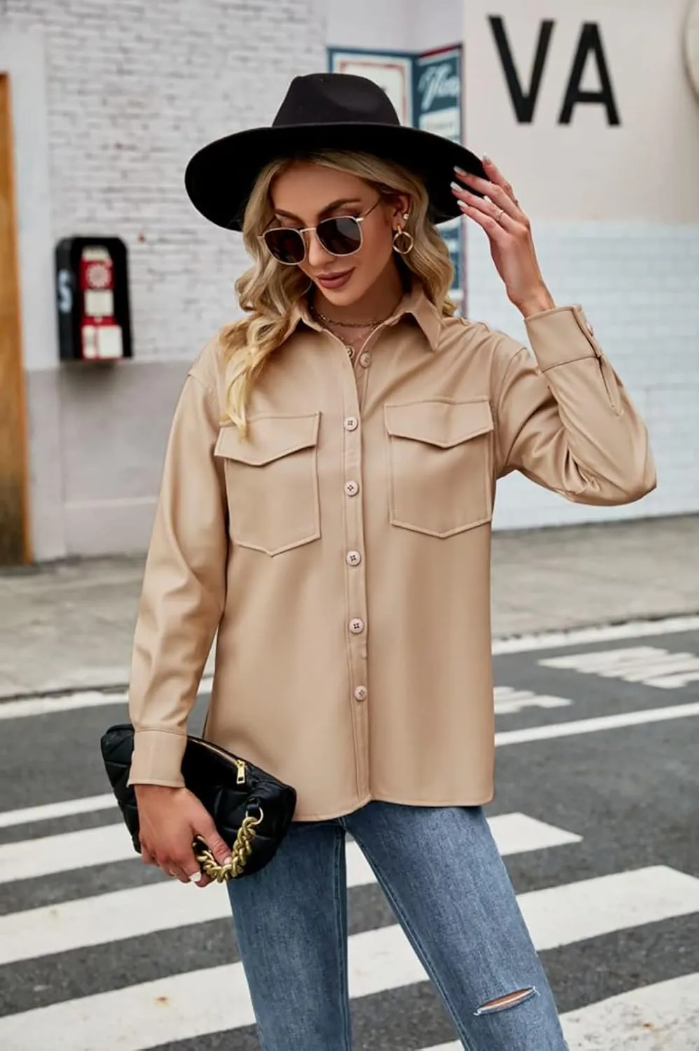 Womens Button Front Faux PU Leather Jacket Shacket Casual Shirt Long Sleeve Blazer Coat with Bust Pocket