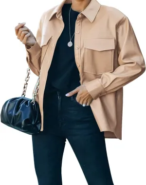 Womens Button Front Faux PU Leather Jacket Shacket Casual Shirt Long Sleeve Blazer Coat with Bust Pocket