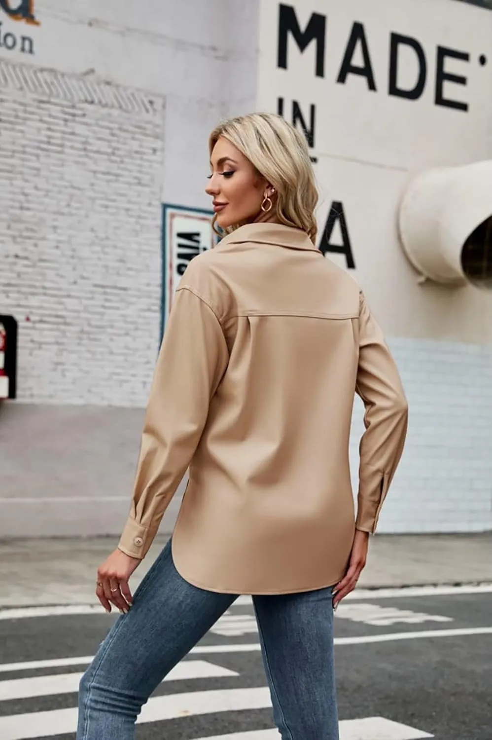 Womens Button Front Faux PU Leather Jacket Shacket Casual Shirt Long Sleeve Blazer Coat with Bust Pocket