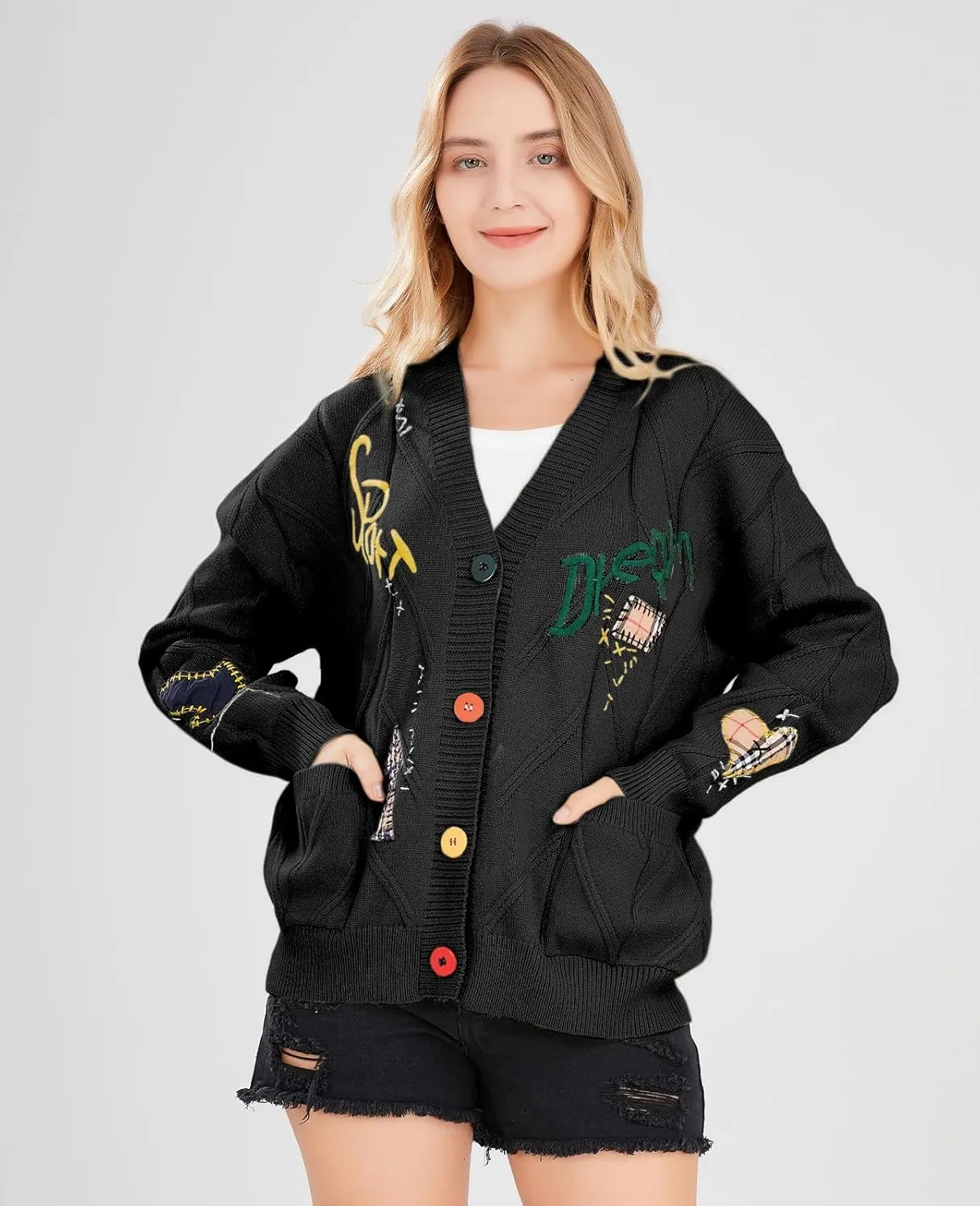 Women's Cable Knit Long Sleeve Open Front Cardigan Sheep V-Neck Button Down Embroidery Wool Blend Sweater Coat Outwear
