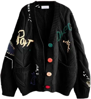 Women's Cable Knit Long Sleeve Open Front Cardigan Sheep V-Neck Button Down Embroidery Wool Blend Sweater Coat Outwear