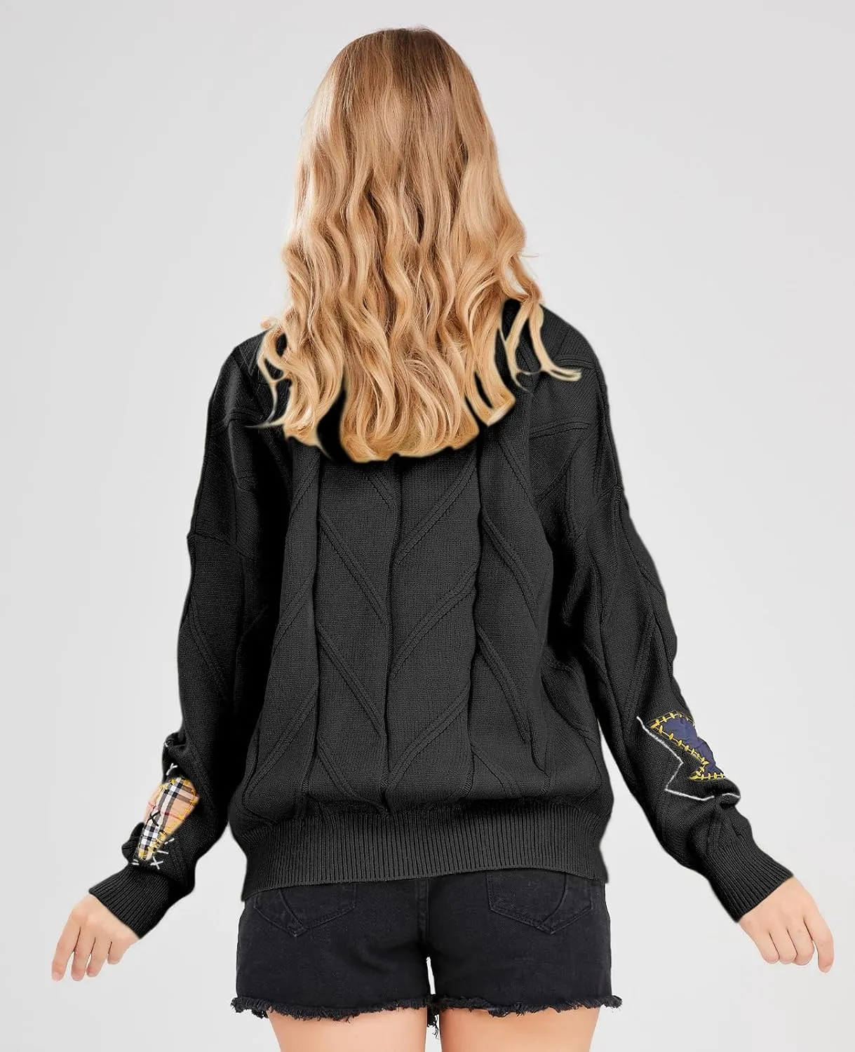 Women's Cable Knit Long Sleeve Open Front Cardigan Sheep V-Neck Button Down Embroidery Wool Blend Sweater Coat Outwear