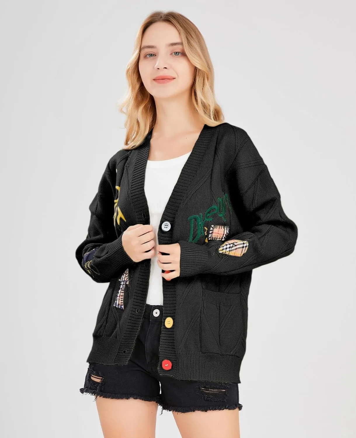Women's Cable Knit Long Sleeve Open Front Cardigan Sheep V-Neck Button Down Embroidery Wool Blend Sweater Coat Outwear
