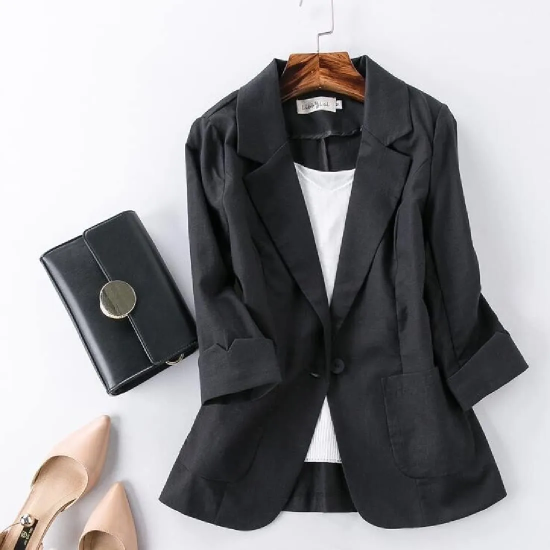 Womens Casual Solid Cotton Linen 3/4 Sleeve Short OL Work Blazer Jacket Coat