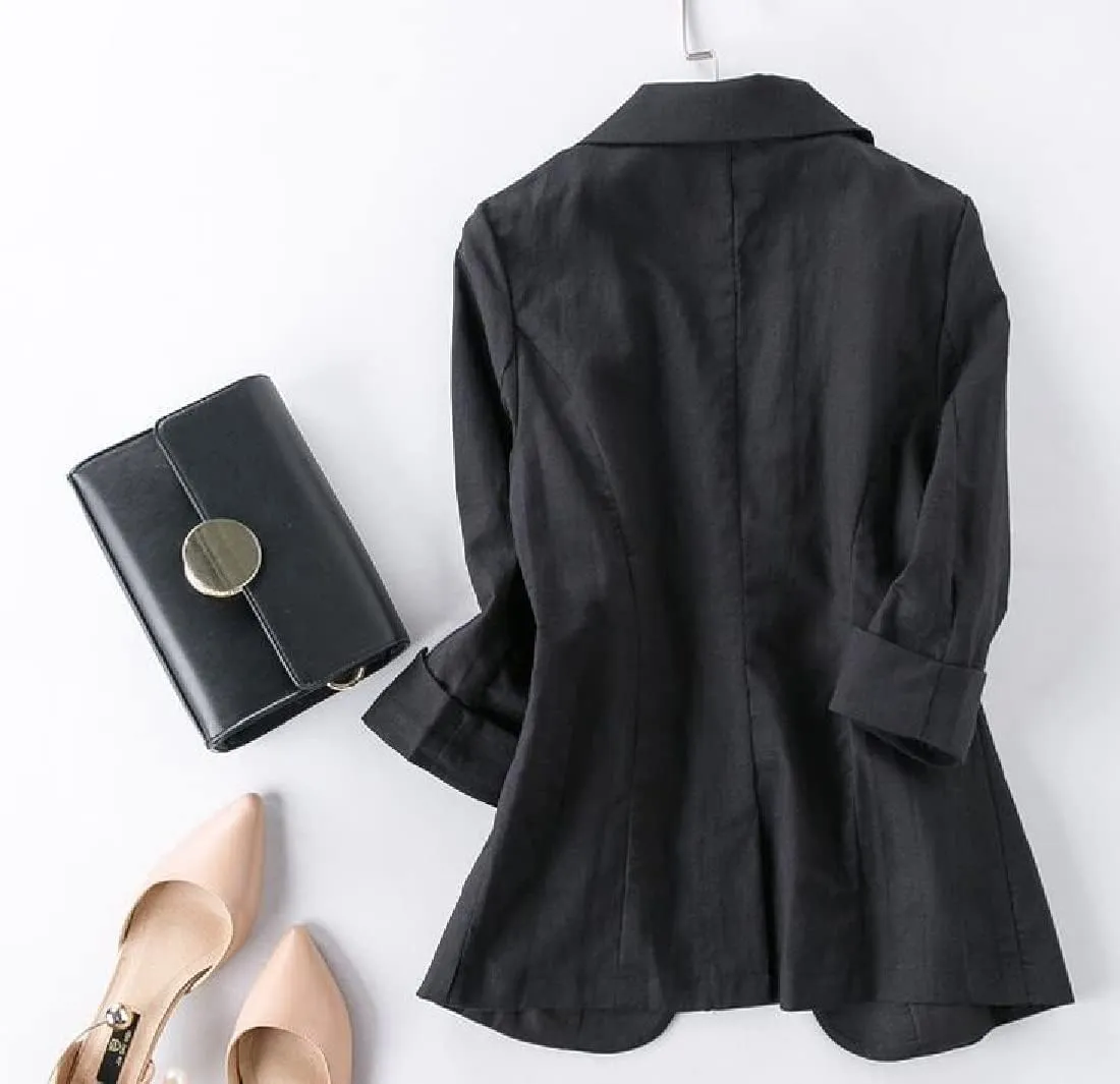 Womens Casual Solid Cotton Linen 3/4 Sleeve Short OL Work Blazer Jacket Coat