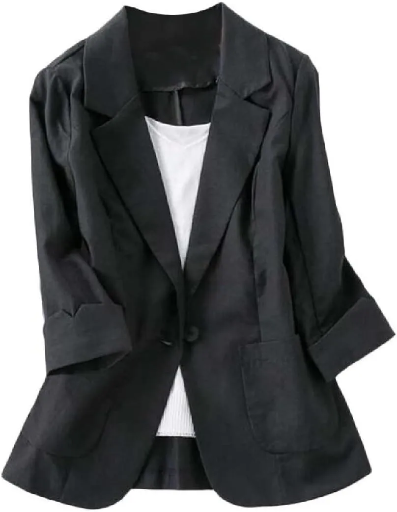 Womens Casual Solid Cotton Linen 3/4 Sleeve Short OL Work Blazer Jacket Coat