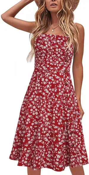 Women's Casual Summer Beach Flattering Flowy A-Line Spaghetti Straps Solid Cotton Button Down Midi Sundress
