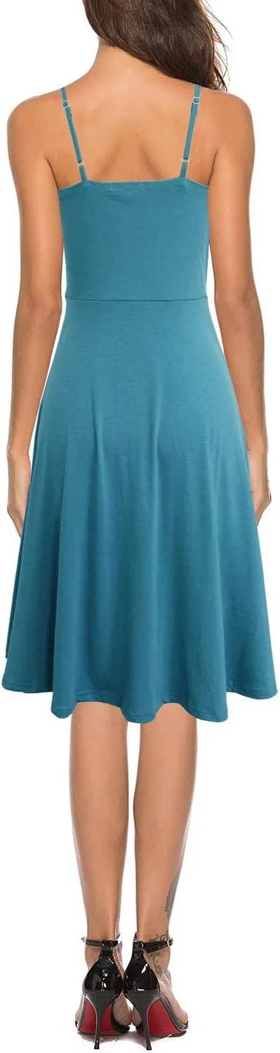 Women's Casual Summer Beach Flattering Flowy A-Line Spaghetti Straps Solid Cotton Button Down Midi Sundress