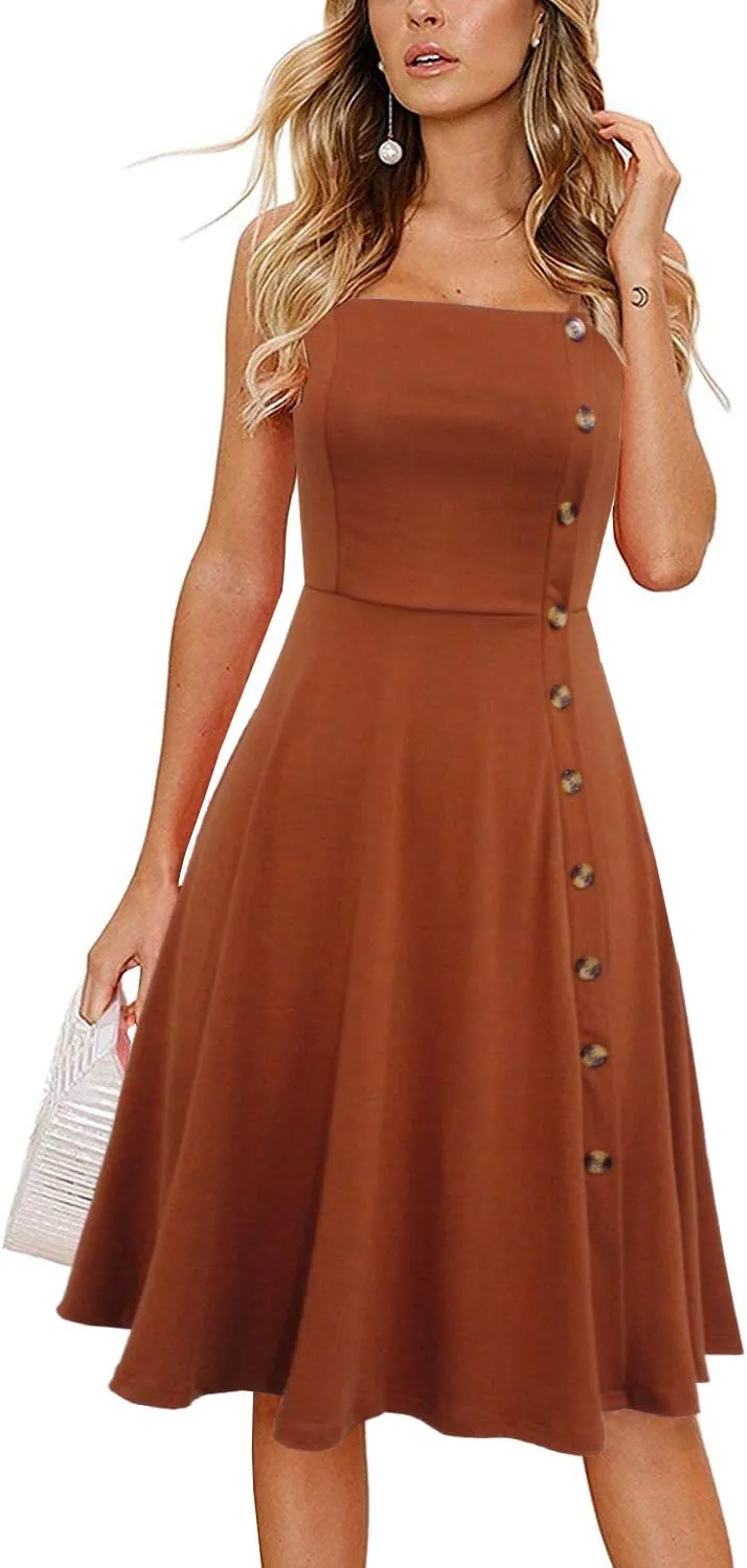 Women's Casual Summer Beach Flattering Flowy A-Line Spaghetti Straps Solid Cotton Button Down Midi Sundress