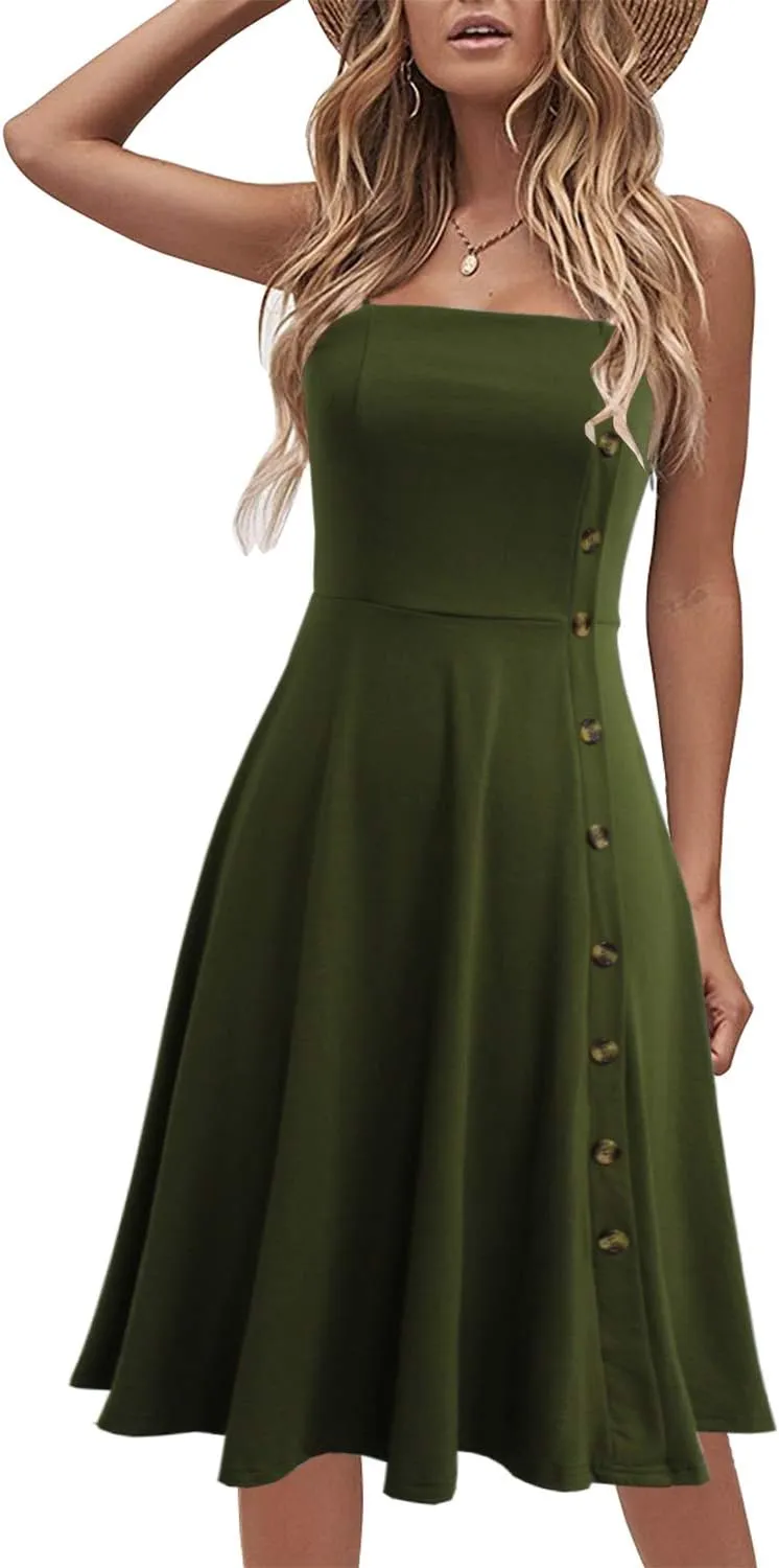 Women's Casual Summer Beach Flattering Flowy A-Line Spaghetti Straps Solid Cotton Button Down Midi Sundress