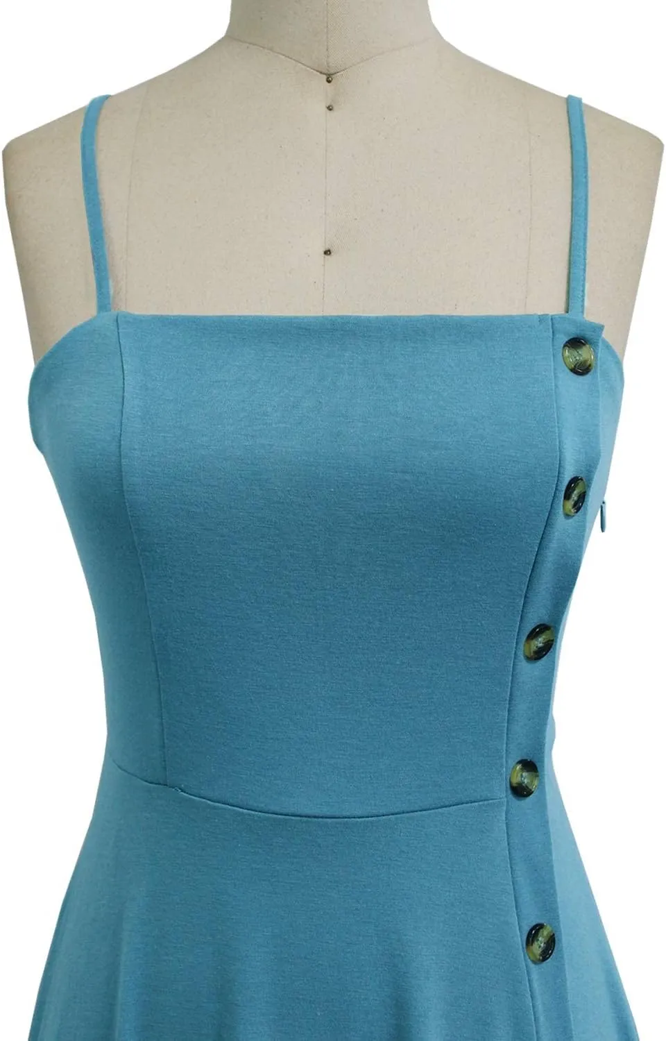 Women's Casual Summer Beach Flattering Flowy A-Line Spaghetti Straps Solid Cotton Button Down Midi Sundress