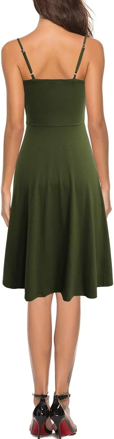 Women's Casual Summer Beach Flattering Flowy A-Line Spaghetti Straps Solid Cotton Button Down Midi Sundress
