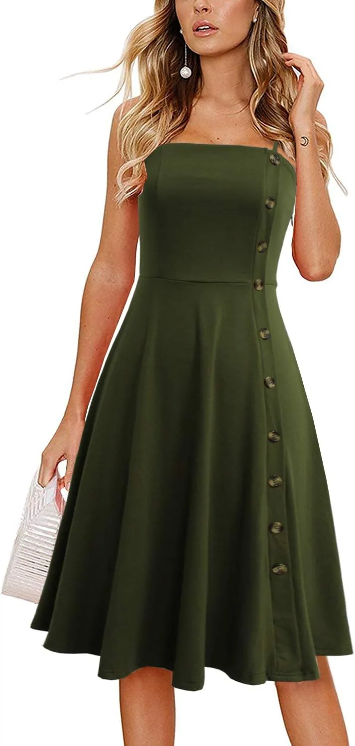 Women's Casual Summer Beach Flattering Flowy A-Line Spaghetti Straps Solid Cotton Button Down Midi Sundress