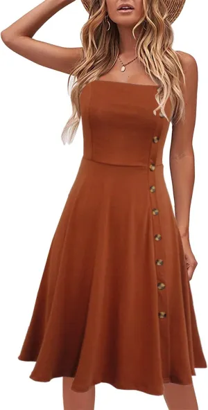 Women's Casual Summer Beach Flattering Flowy A-Line Spaghetti Straps Solid Cotton Button Down Midi Sundress