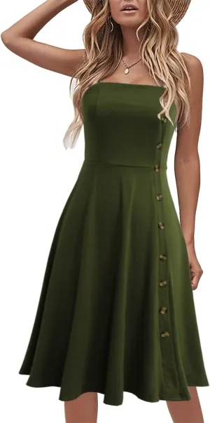 Women's Casual Summer Beach Flattering Flowy A-Line Spaghetti Straps Solid Cotton Button Down Midi Sundress