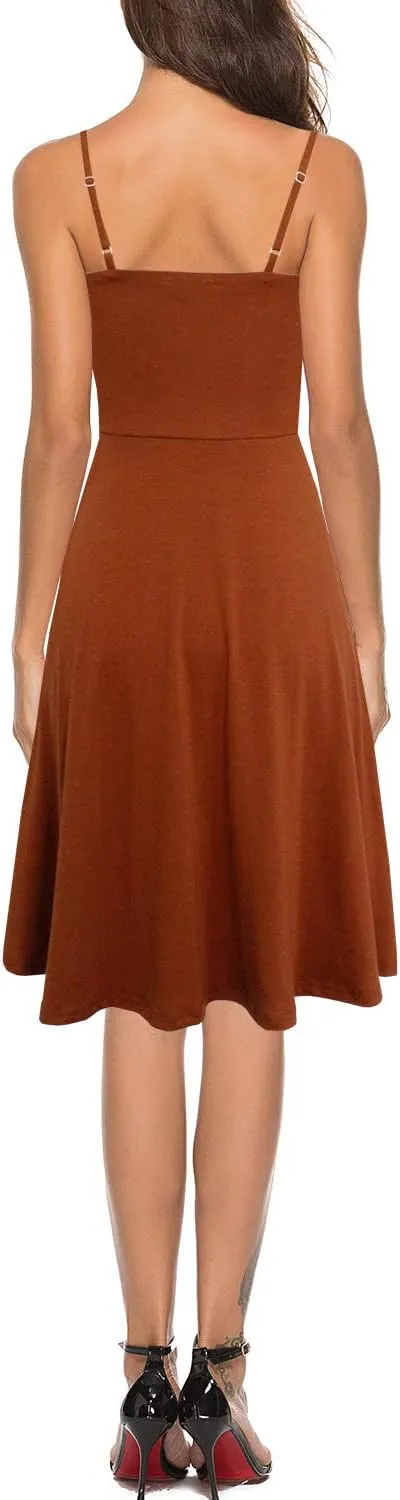Women's Casual Summer Beach Flattering Flowy A-Line Spaghetti Straps Solid Cotton Button Down Midi Sundress