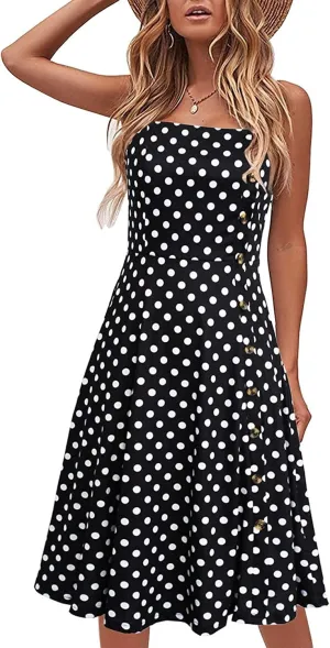 Women's Casual Summer Beach Flattering Flowy A-Line Spaghetti Straps Solid Cotton Button Down Midi Sundress