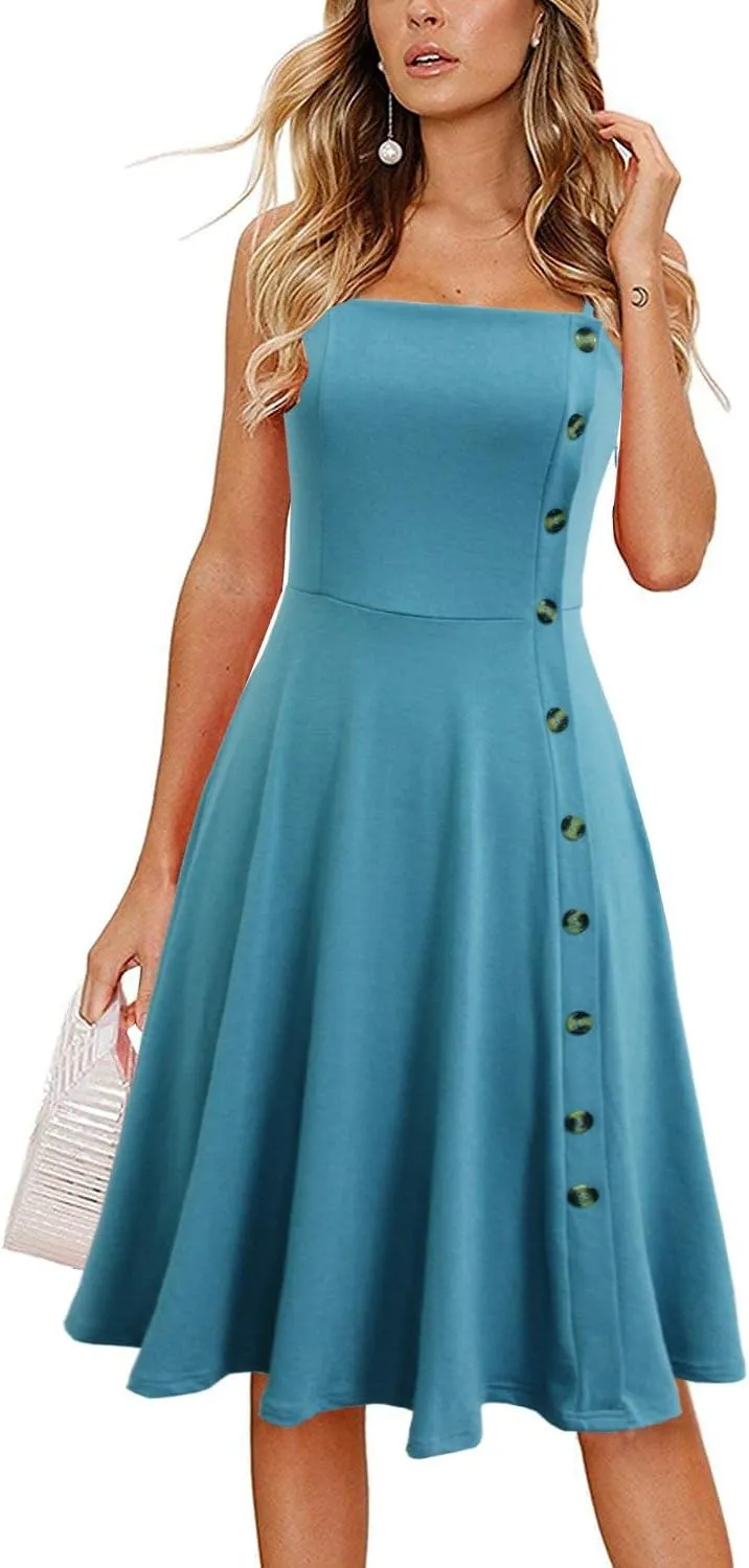 Women's Casual Summer Beach Flattering Flowy A-Line Spaghetti Straps Solid Cotton Button Down Midi Sundress