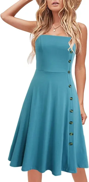 Women's Casual Summer Beach Flattering Flowy A-Line Spaghetti Straps Solid Cotton Button Down Midi Sundress