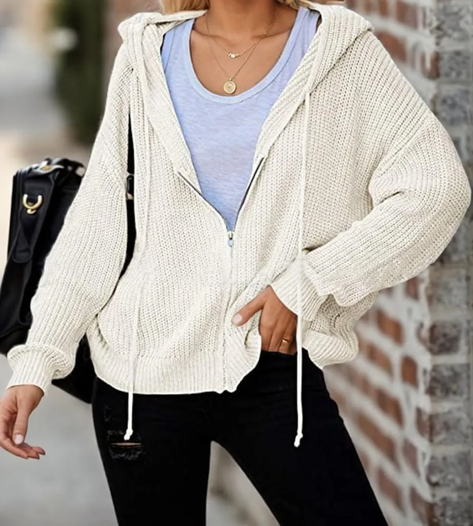 Women's Casual Zip-Up Cardigan Long Sleeve Hooded Drawstring Knit Sweatshirt Solid Coats