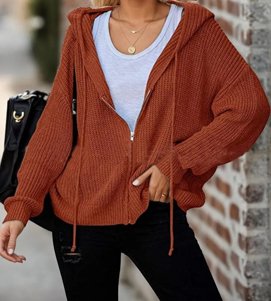 Women's Casual Zip-Up Cardigan Long Sleeve Hooded Drawstring Knit Sweatshirt Solid Coats
