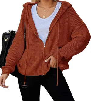 Women's Casual Zip-Up Cardigan Long Sleeve Hooded Drawstring Knit Sweatshirt Solid Coats