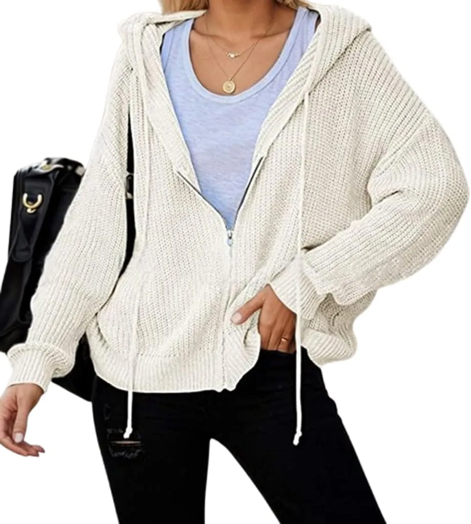 Women's Casual Zip-Up Cardigan Long Sleeve Hooded Drawstring Knit Sweatshirt Solid Coats