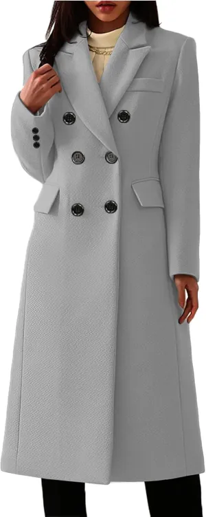 Women's Classic Notched Lapel Double-Breasted Warm Pea Coat Overcoat with Pockets