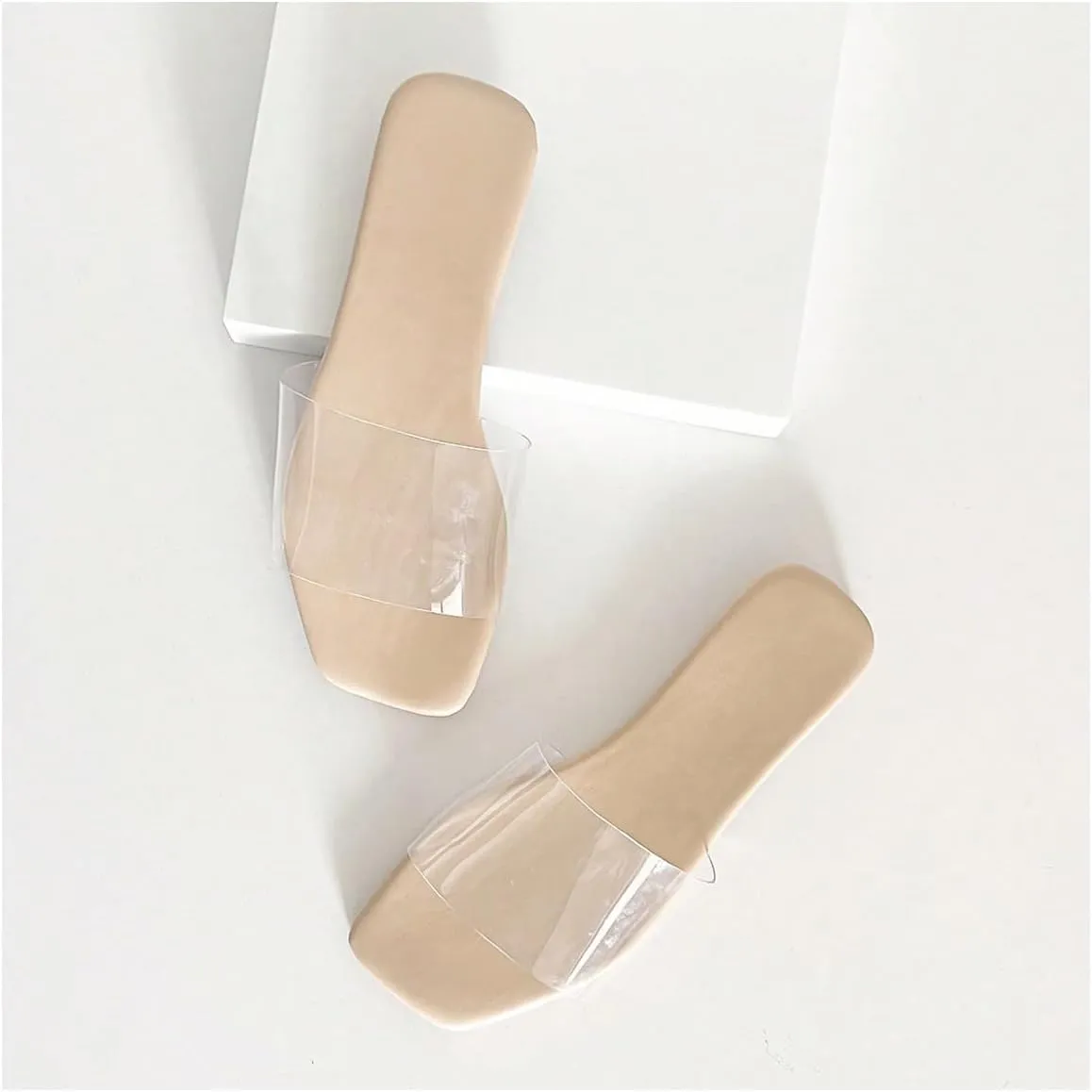 Women's Clear Sandals Dressy Transparent Strap Square Toe Vacation Beach Jelly Shoes