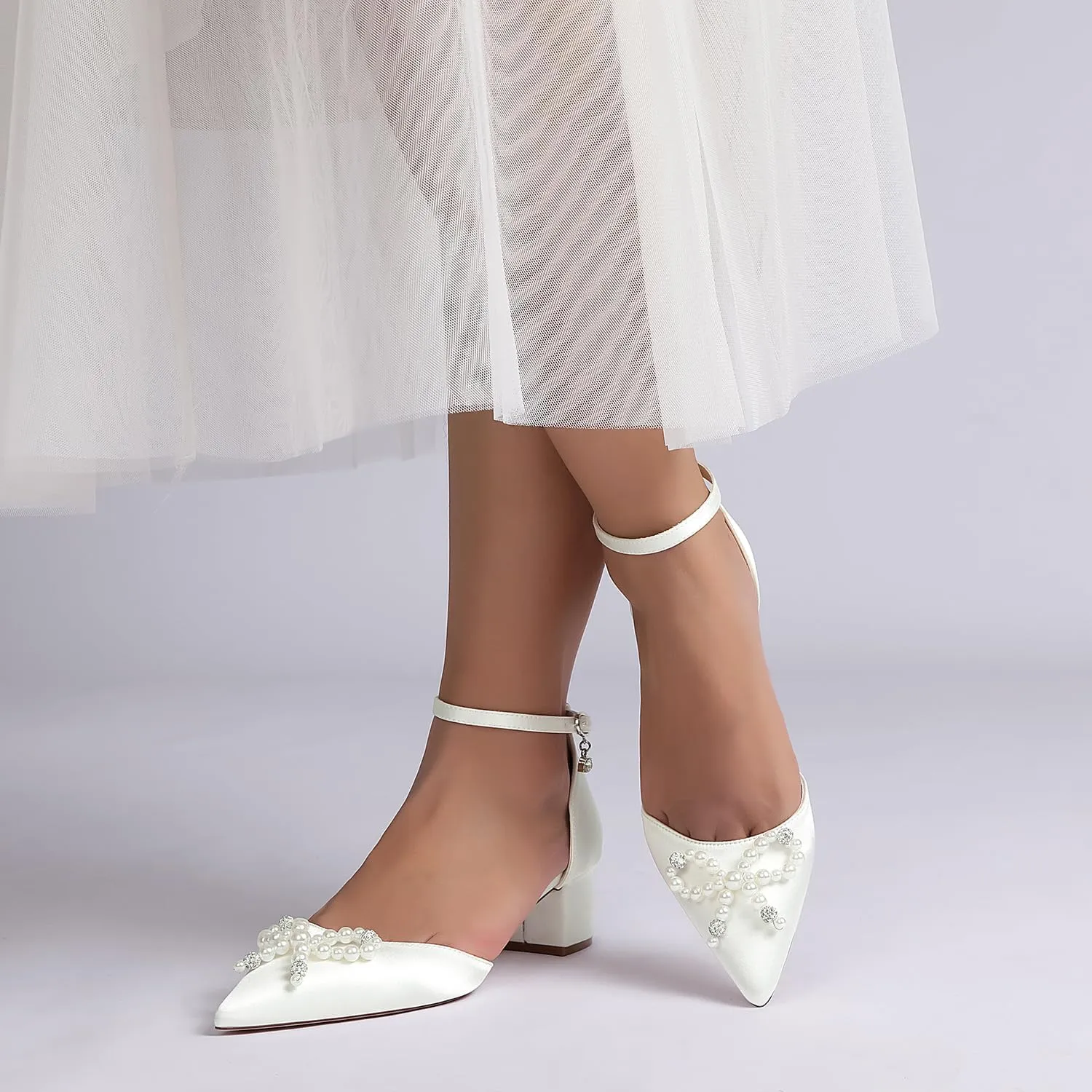 Women's Closed Toe Block Wedding Shoes for Bride Pearl Bridal Mid Heel Ankle Strap Evening Prom Party Dress Shoes