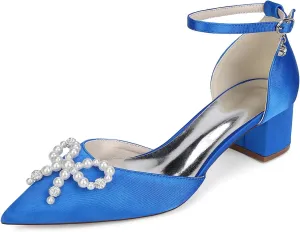 Women's Closed Toe Block Wedding Shoes for Bride Pearl Bridal Mid Heel Ankle Strap Evening Prom Party Dress Shoes