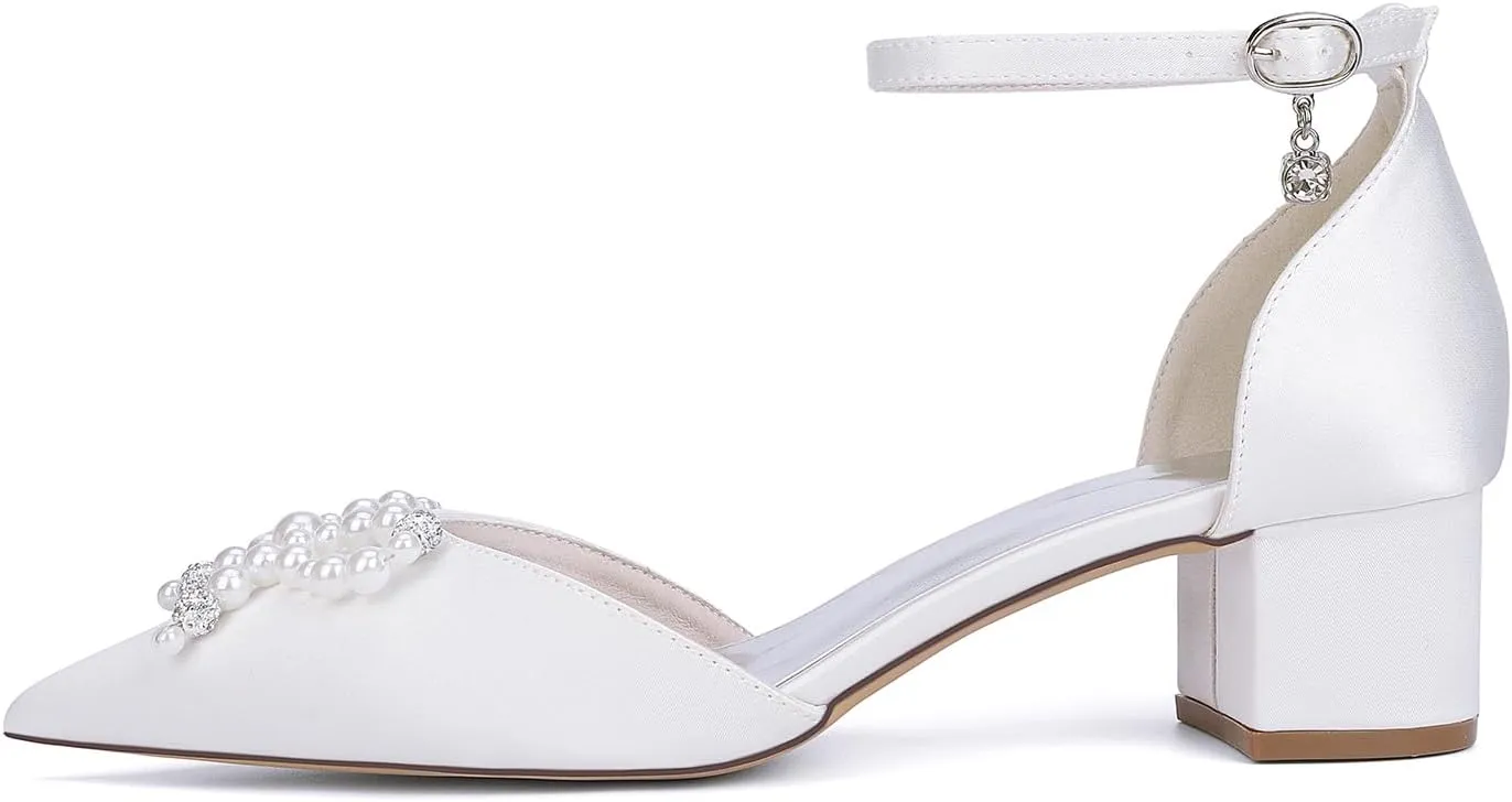 Women's Closed Toe Block Wedding Shoes for Bride Pearl Bridal Mid Heel Ankle Strap Evening Prom Party Dress Shoes