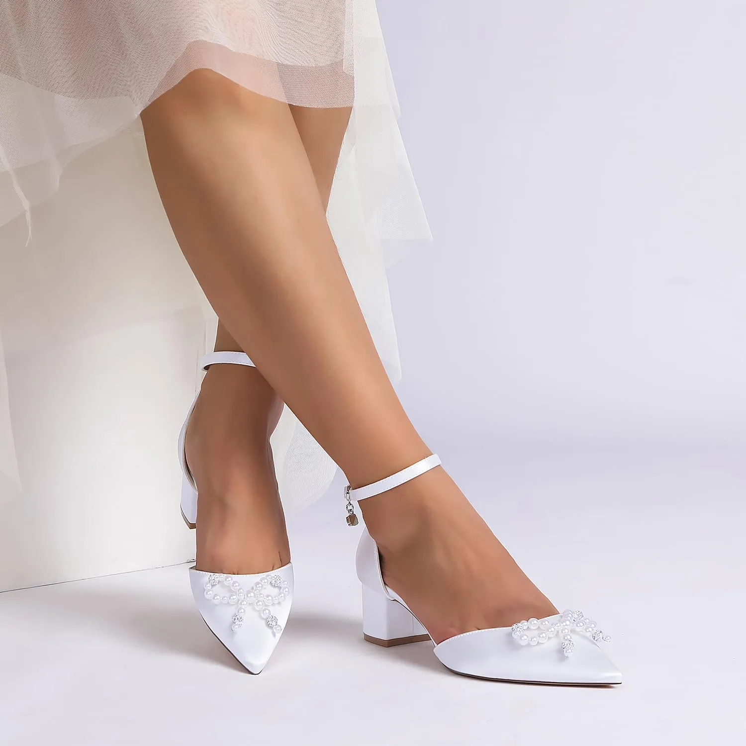 Women's Closed Toe Block Wedding Shoes for Bride Pearl Bridal Mid Heel Ankle Strap Evening Prom Party Dress Shoes
