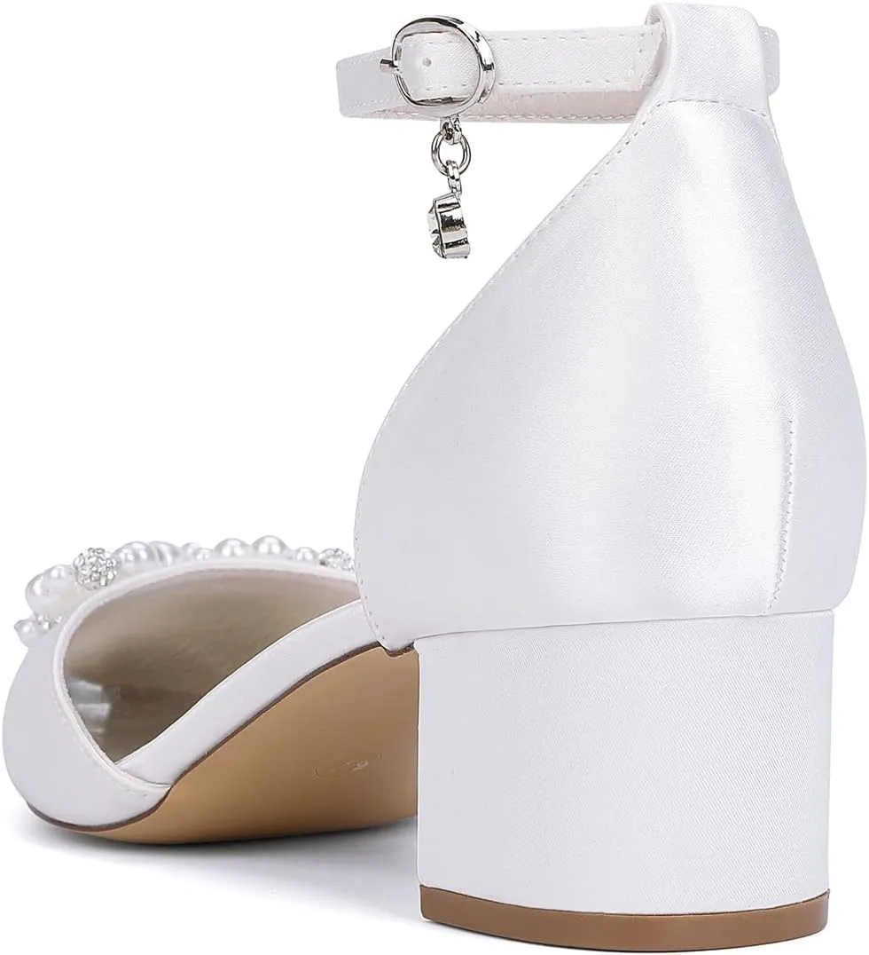 Women's Closed Toe Block Wedding Shoes for Bride Pearl Bridal Mid Heel Ankle Strap Evening Prom Party Dress Shoes