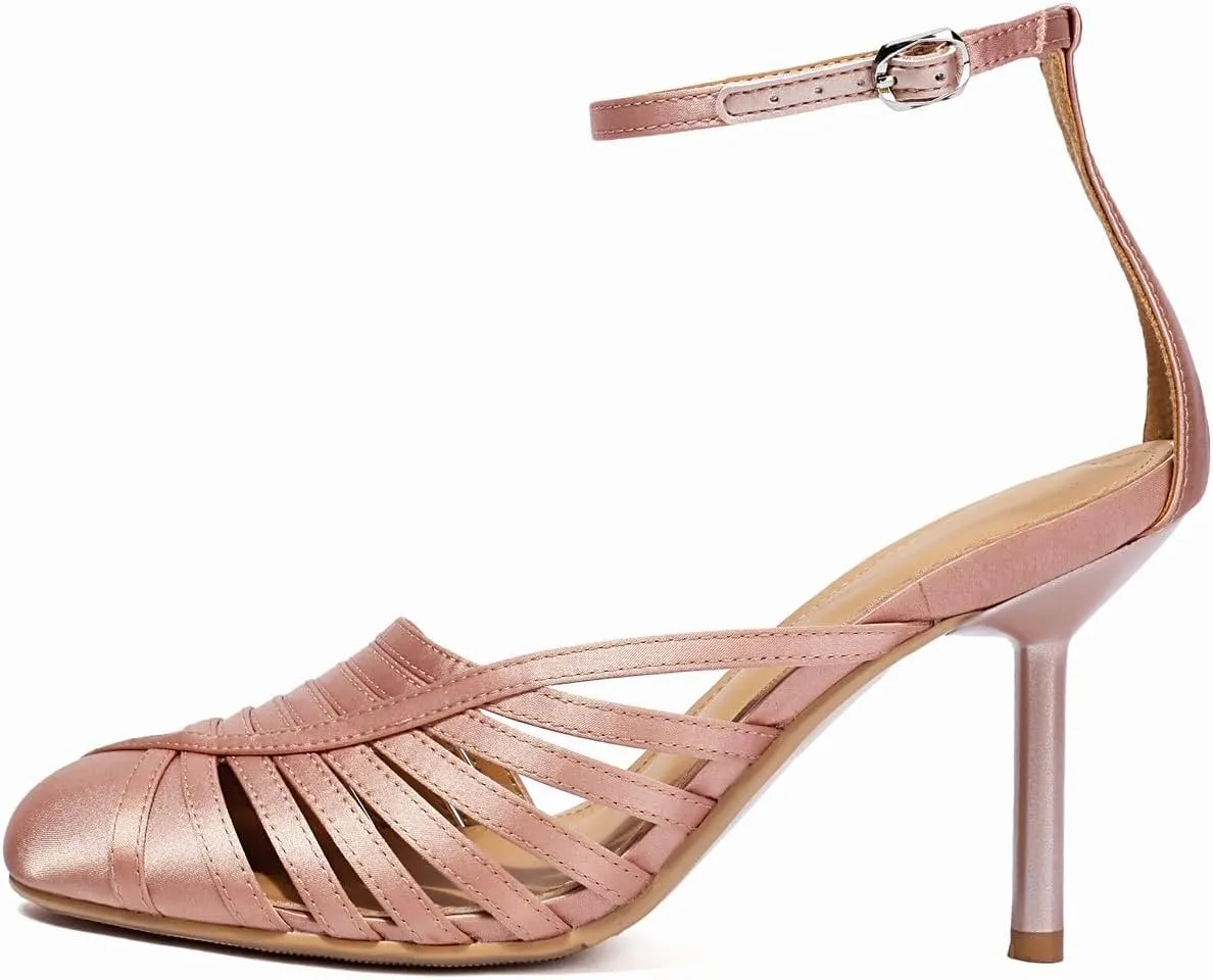 Women's Closed Toe Heels Ankle Strap Sexy Stiletto Satin Heels Dress Sandals D-orsay Pumps