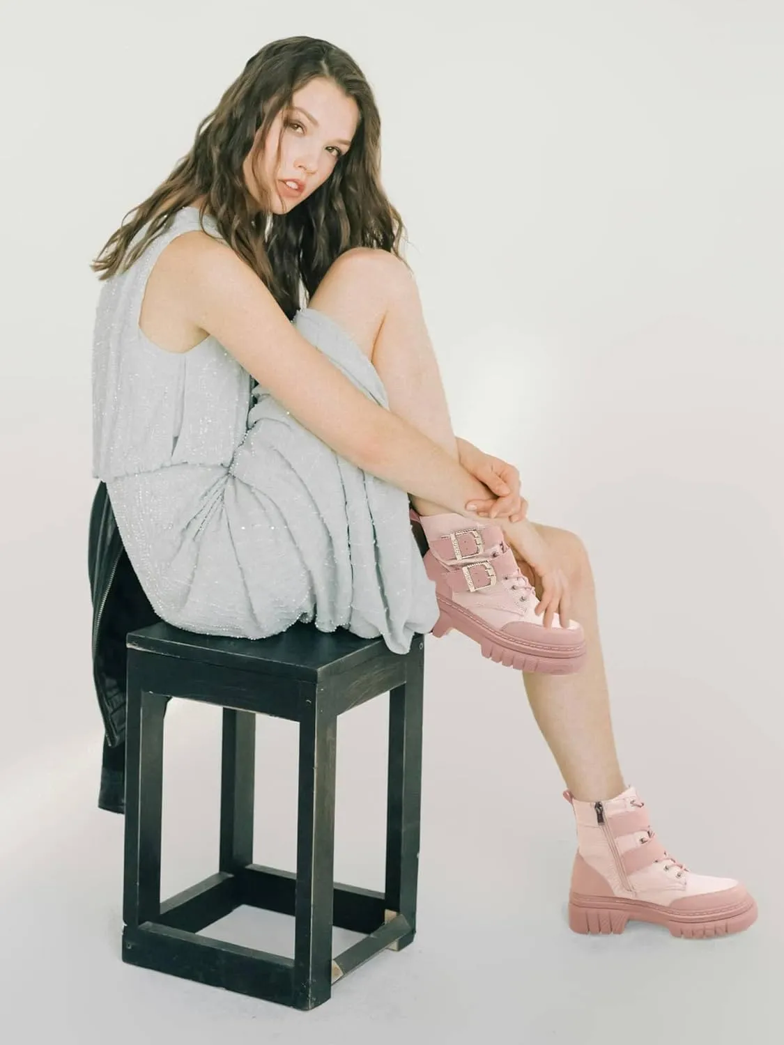 Women's Combat Boots Chunky Platform Lug Sole Ankle Boots Buckle Lace Up Moto Boots with Side Zipper